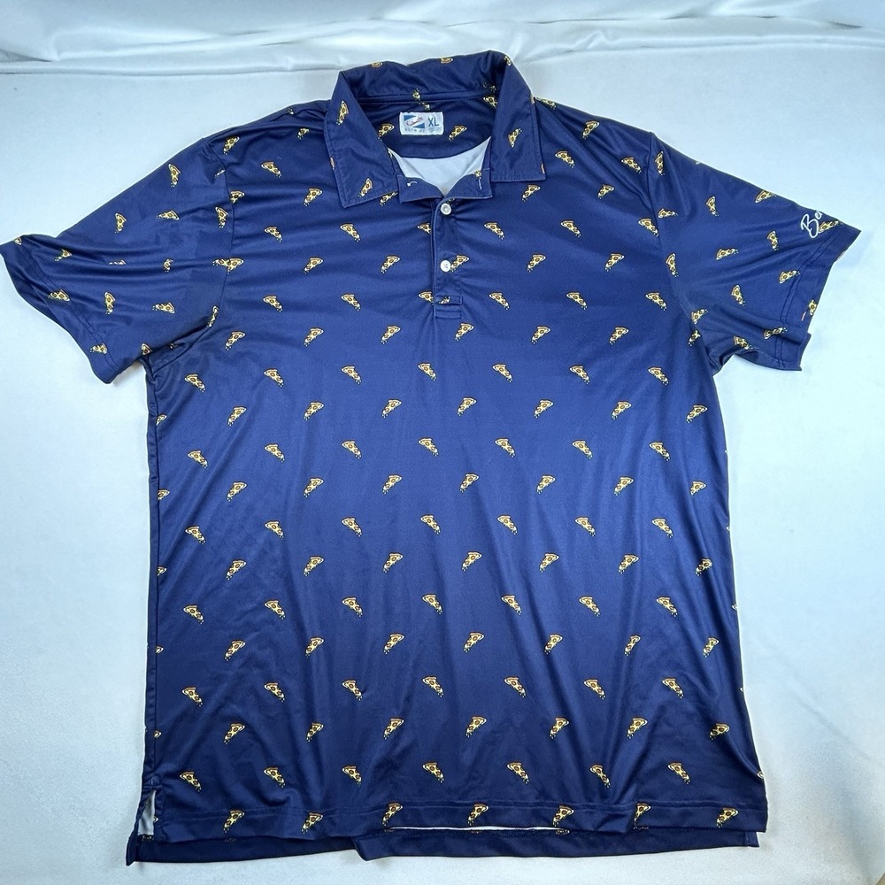 Bermies Polo Shirt Mens XL Blue Pizza All Over Print Golf Performance‎ Whimsy